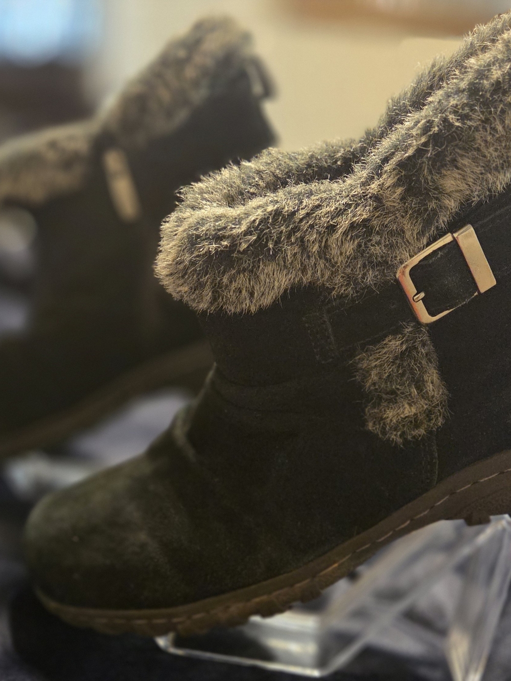 Khombu Black Faux Fur Buckle Ankle Booties
